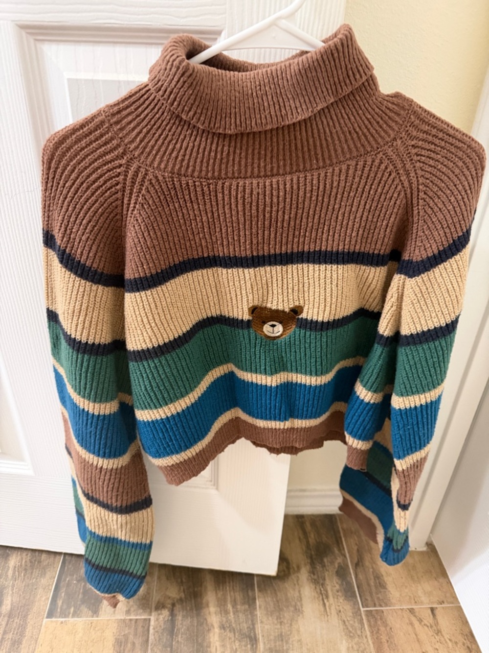 Striped Turtleneck Sweater with Bear Patch - Brown/Green/Blue